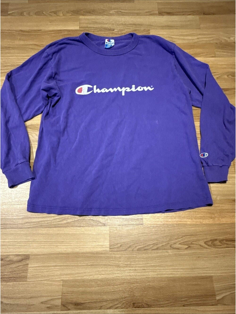 Vintage Champion Long Sleeve T Shirt Mens Large Purple Spellout Logo Y2K 90s
